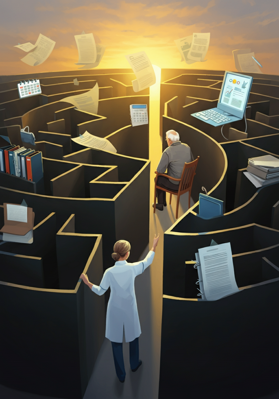 Stressad planerare i labyrint av papper före Caire