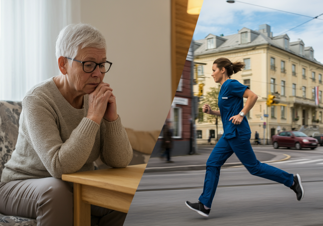 Illustration av vårdgivare som skyndar mellan hemtjänstbesök