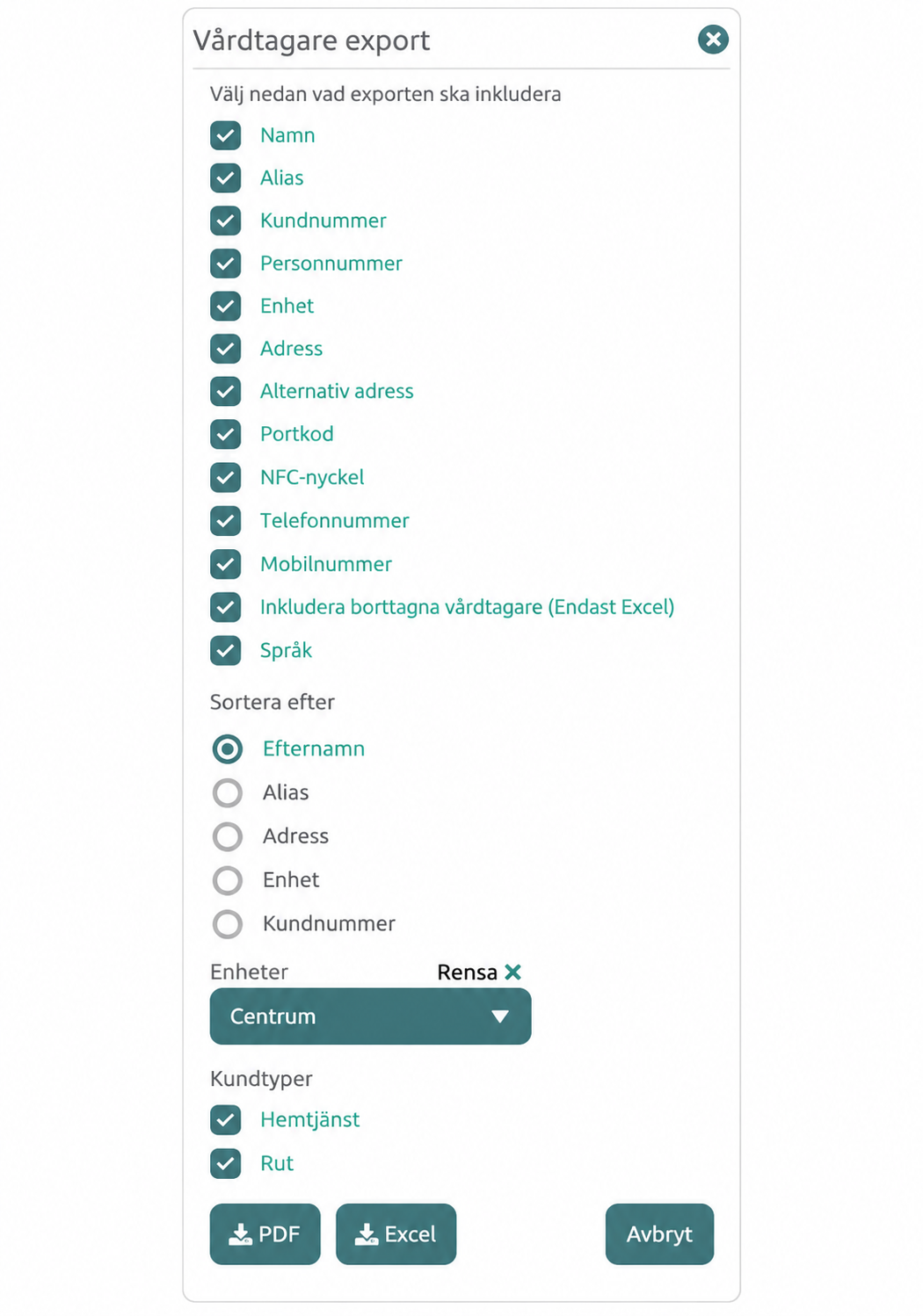 Export settings for Vårdtagare