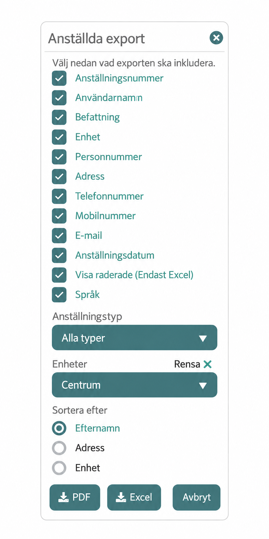 Export settings for Anställda export