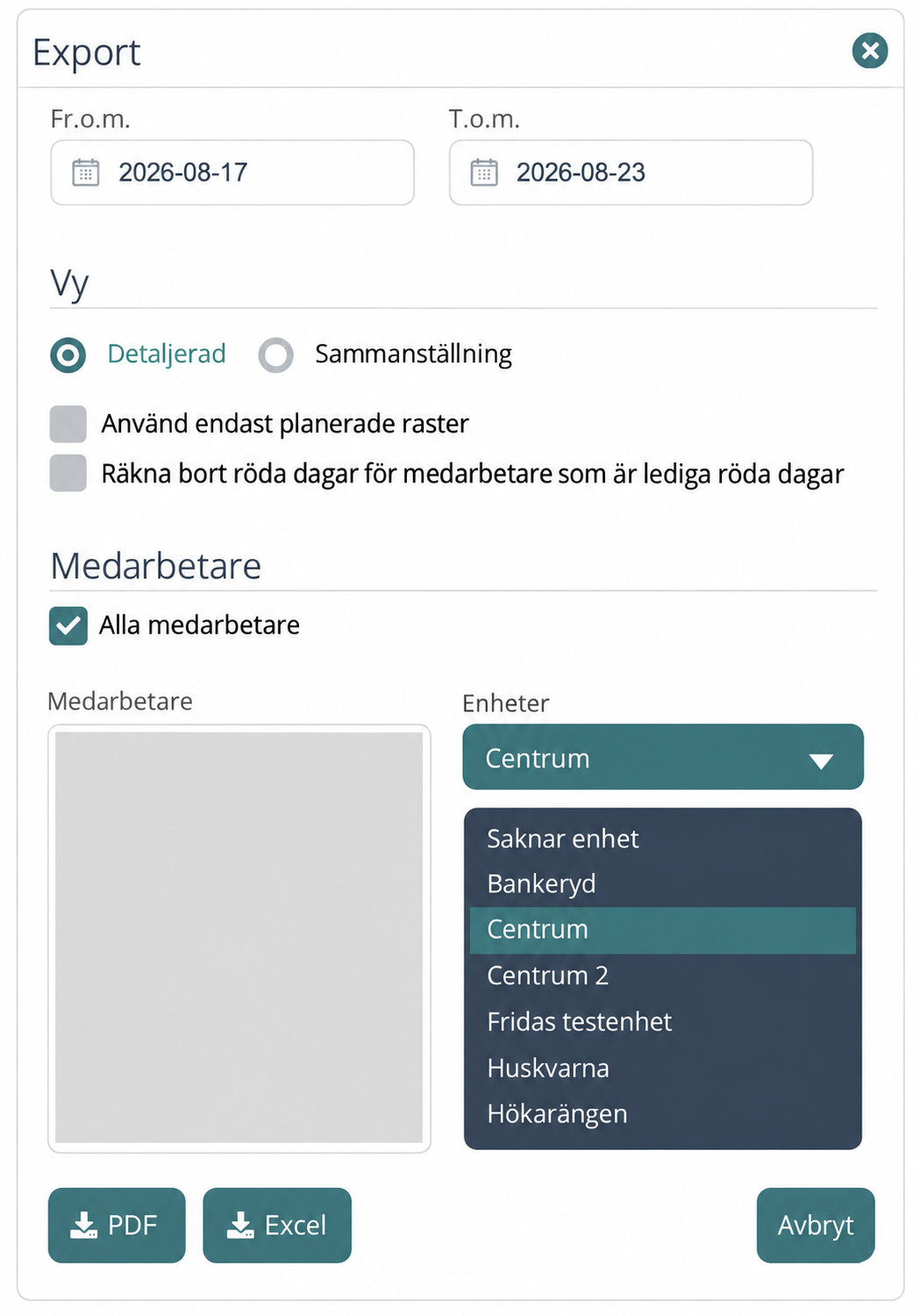 Export settings for Arbetade timmar