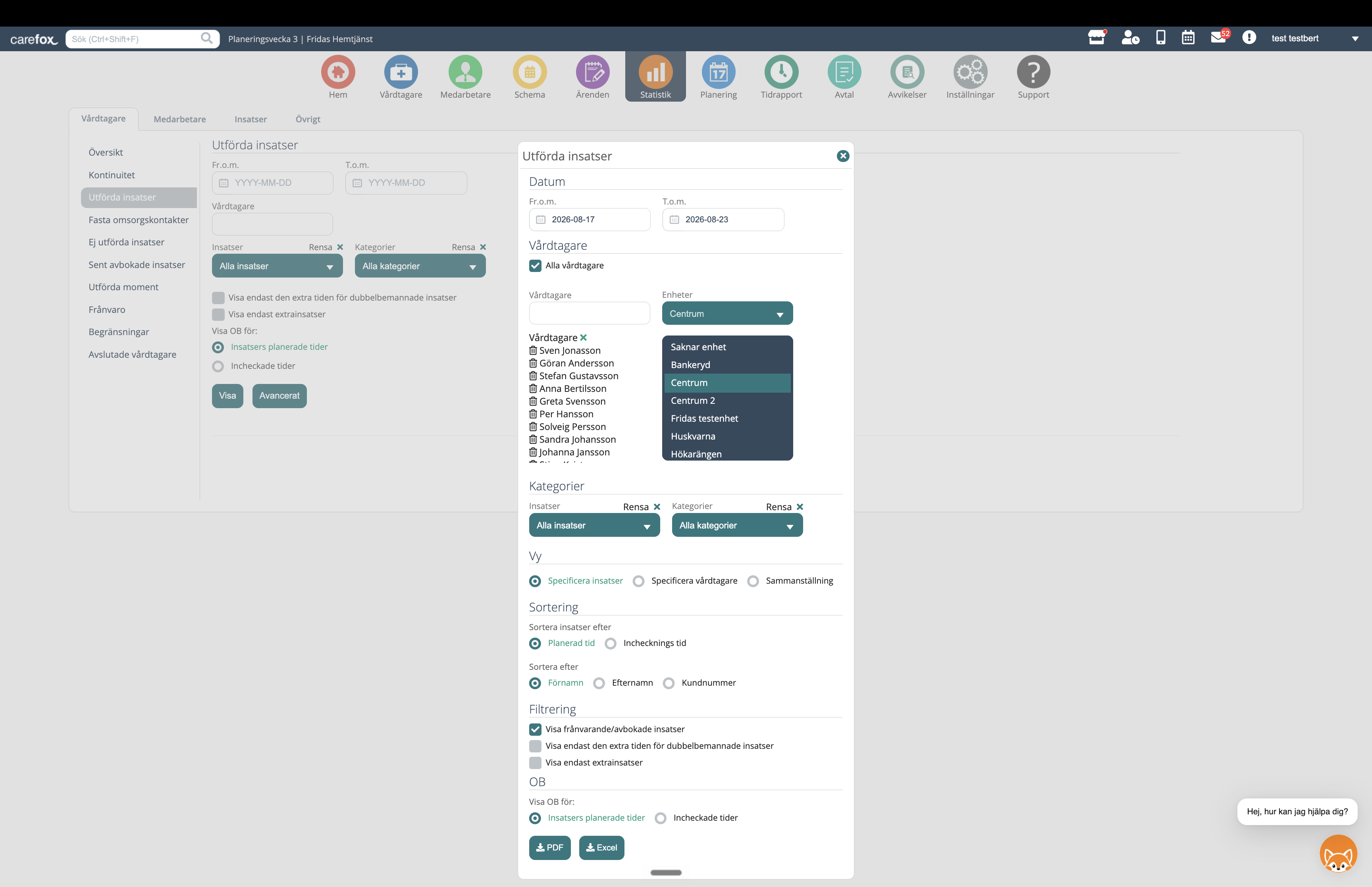 Export settings for Utförda insatser