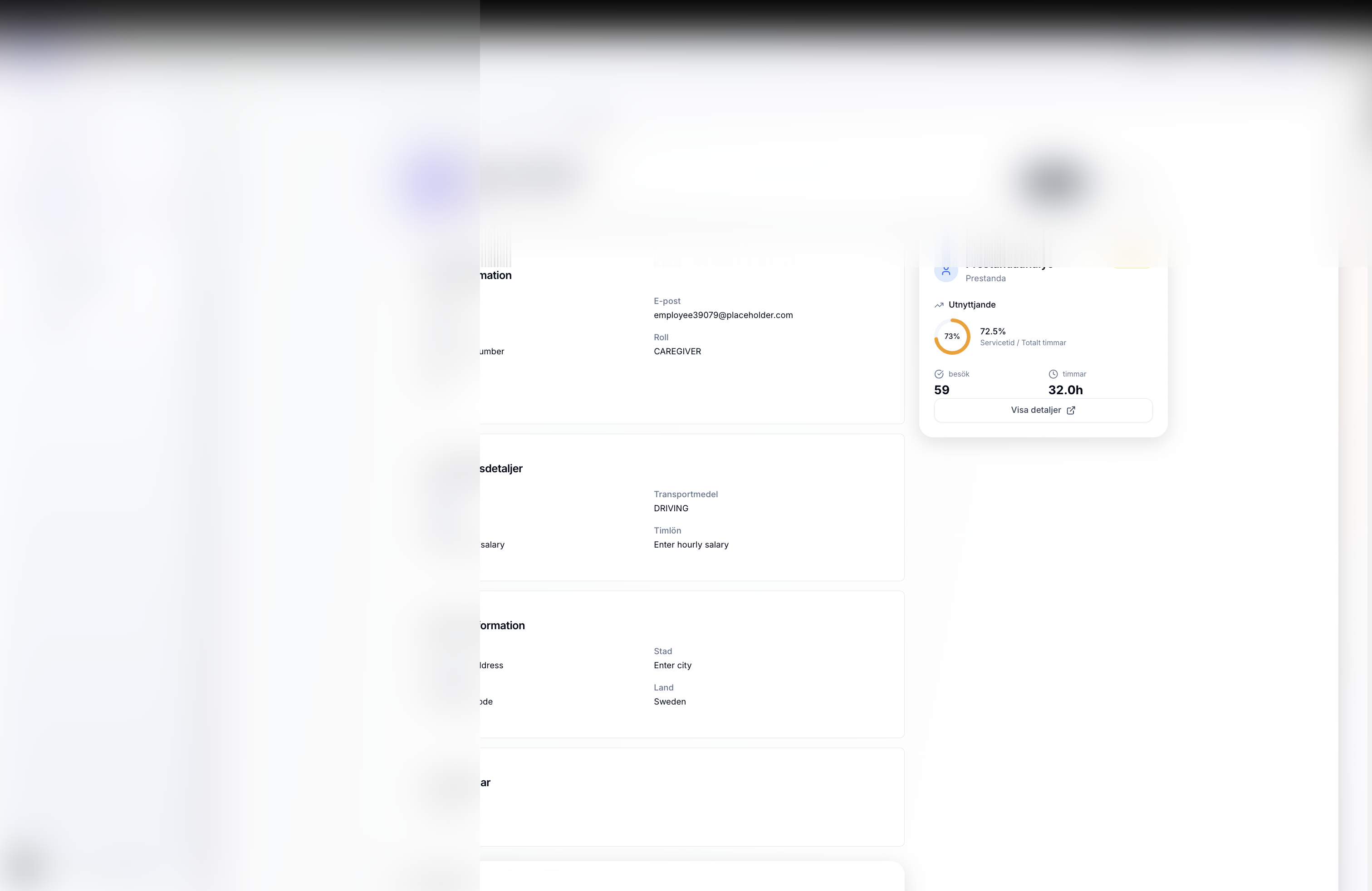 Personalprofilvy med utnyttjandeanalys, kontaktinformation och avtalsdetaljer maskerade för integritet