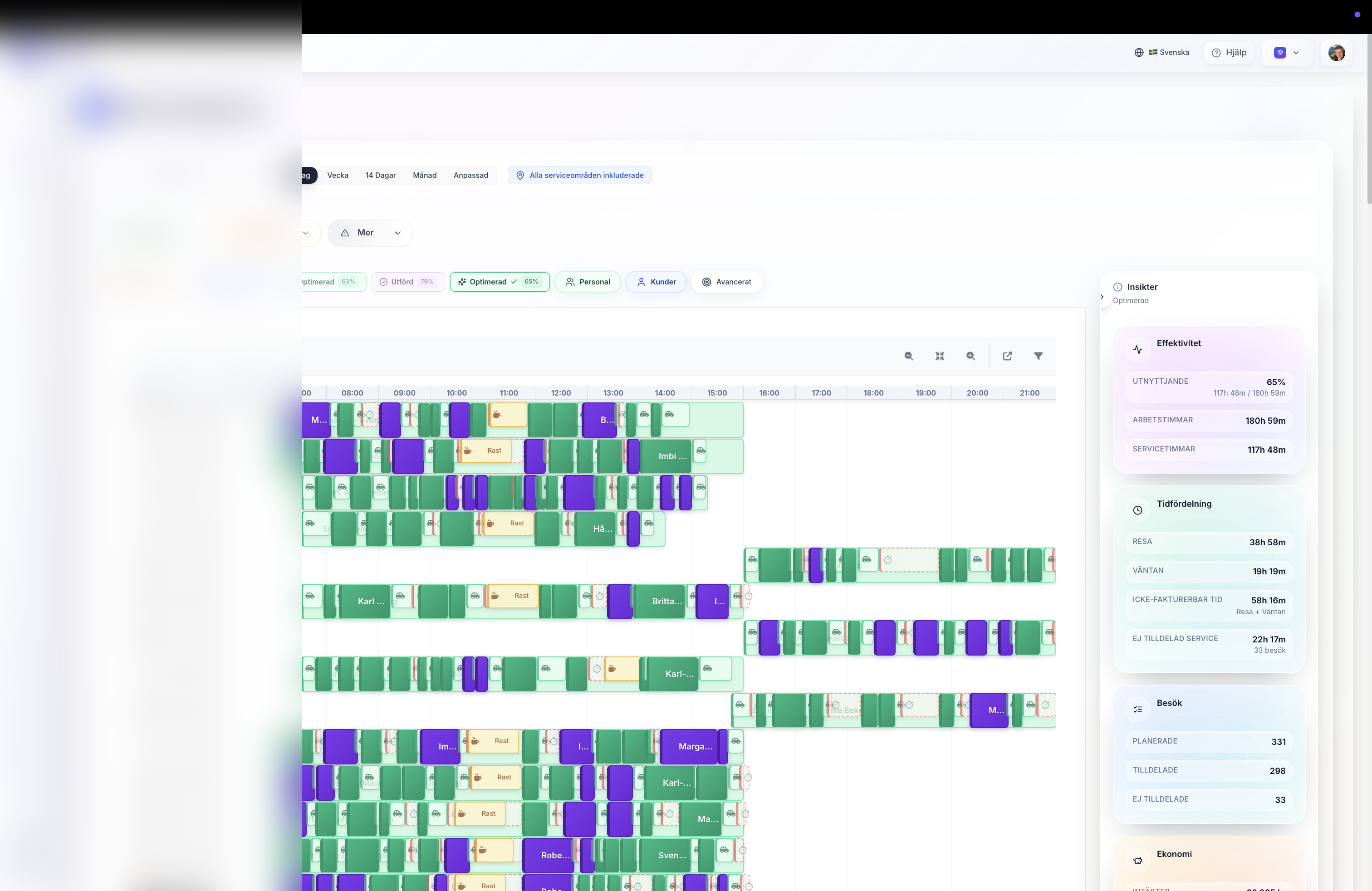 Optimeringspanel med effektivitet, restid och tilldelningsgrad för AI-planerat schema med anonymiserad information