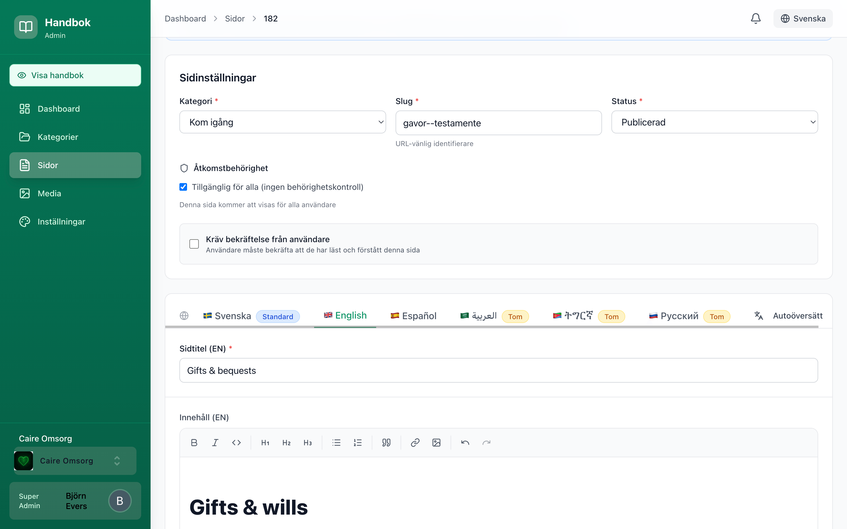 Admin sidredigerare med rik textformateringsverktygsrad