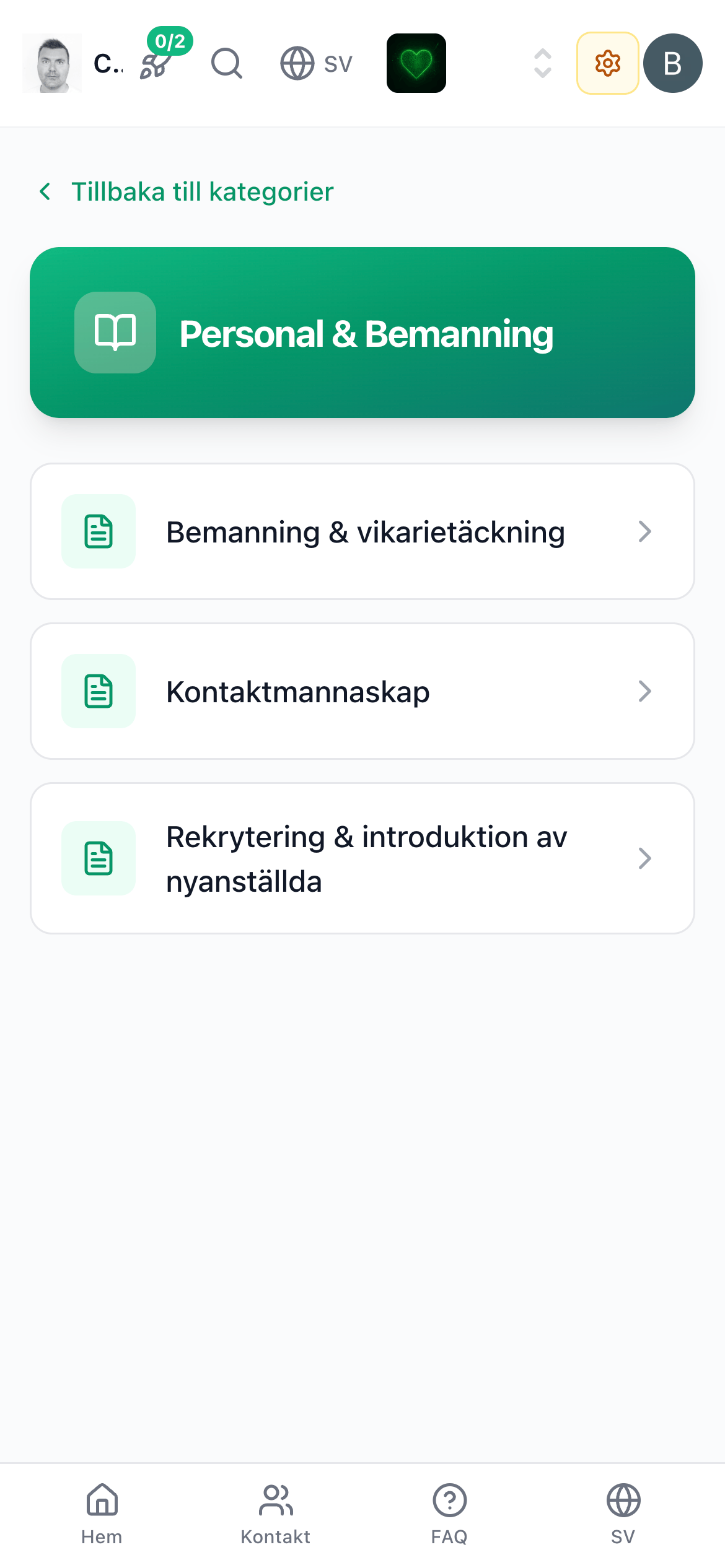 Medarbetarens kategorivy med sidlistor