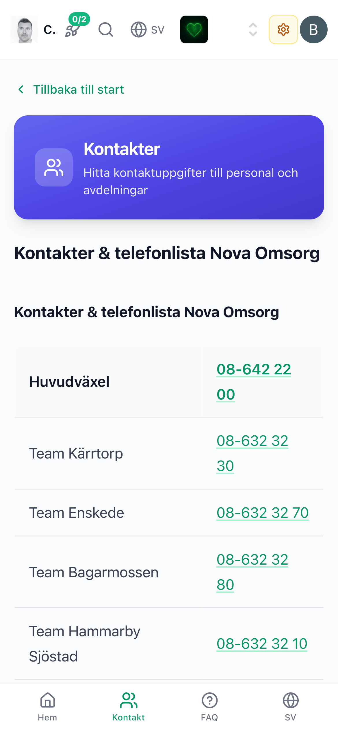 Medarbetarens kontakt- och supportsida